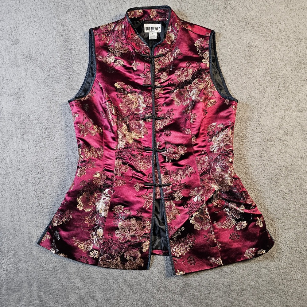 Robbie Bee Burgundy Floral Brocade Mandarin Collar‎ Frog Closure Top 12 vintage